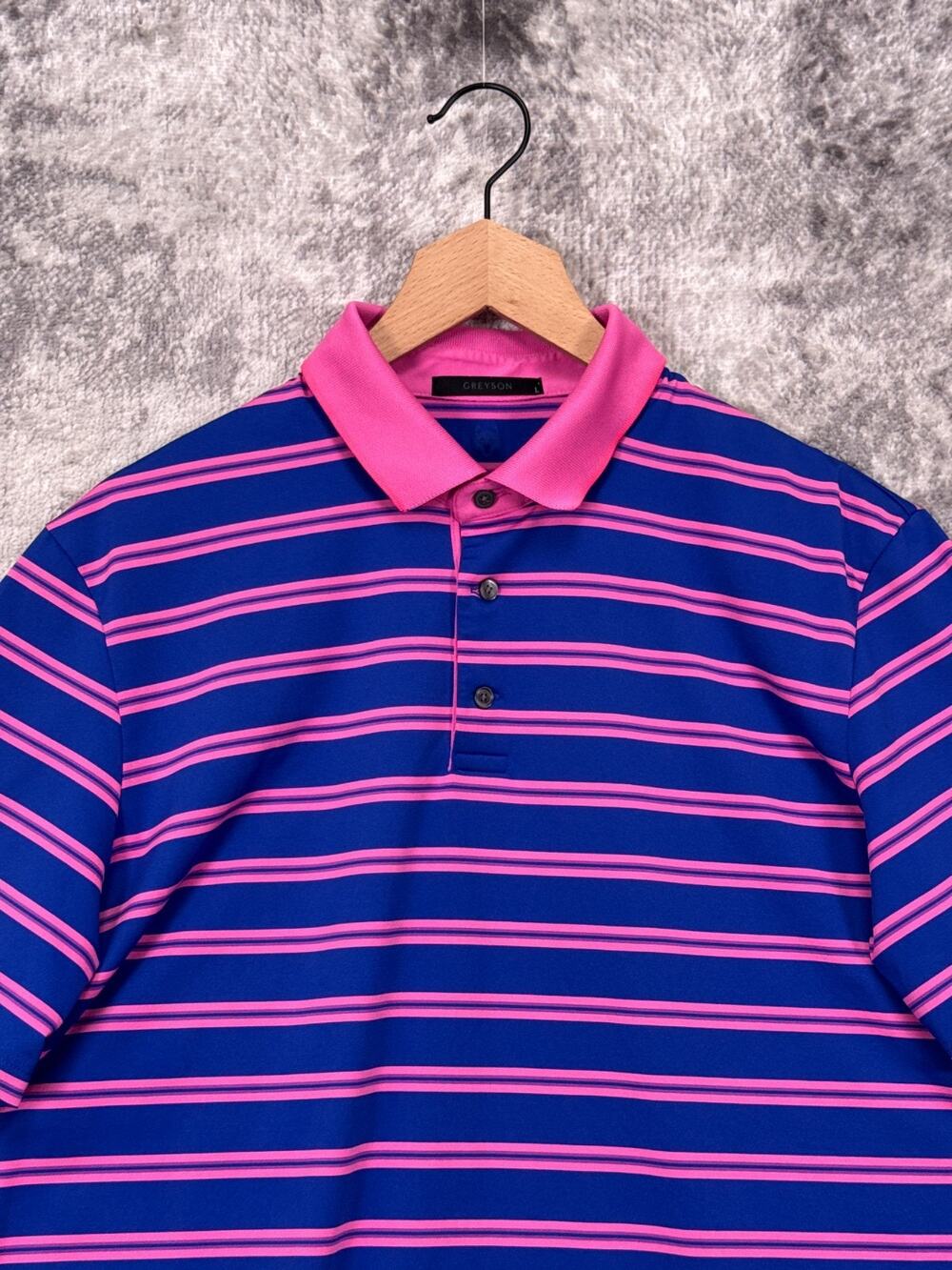 Greyson Polo Shirt Large Mens Pink And Blue Stripe Short Sleeve Performance Golf